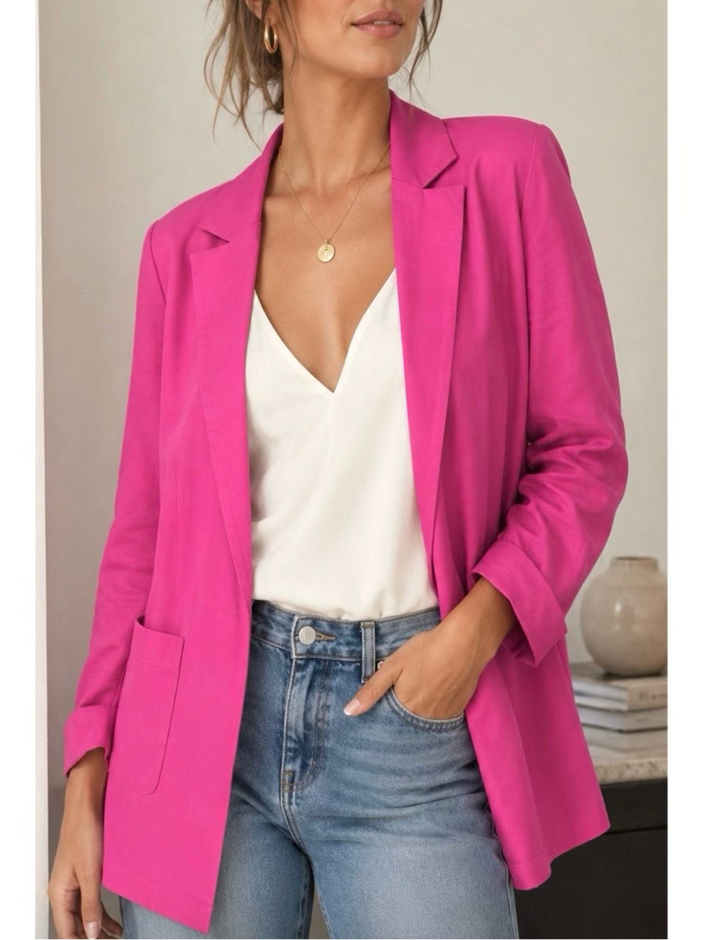 NEW Size M glam Los Angeles Pink Pocketed Open Front Business Office Blazer